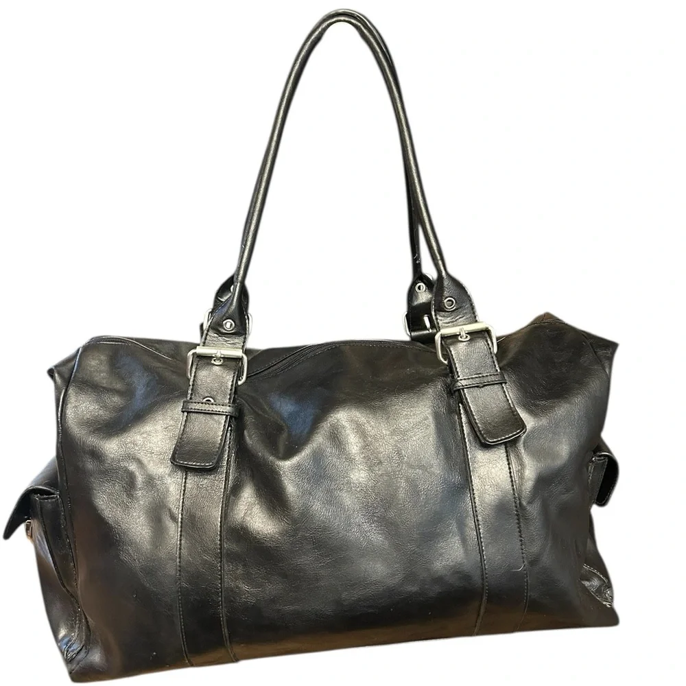 Faux Leather Weekender Travel Black Duffle Bag Excellent Clean Condition - Picture 10 of 16